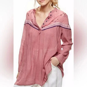 NWT FREE PEOPLE SZM HEARTS & COLORS BUTTON FRONT LONG SLEEVE BOHO CHIC